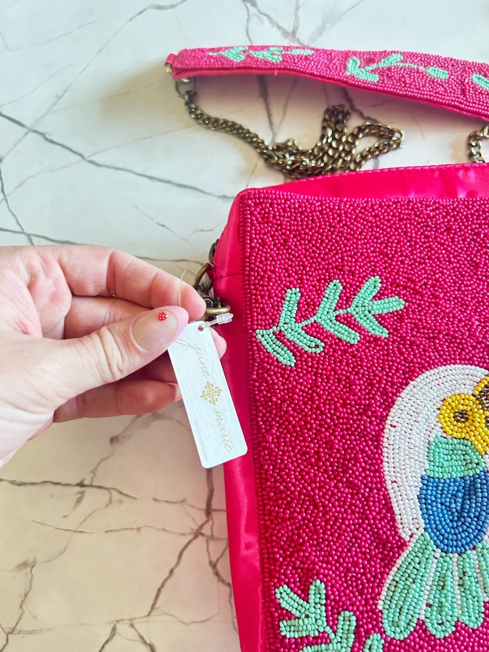 New With tags Hand-Beaded Pink  Crossbody Bag with Tropical birds